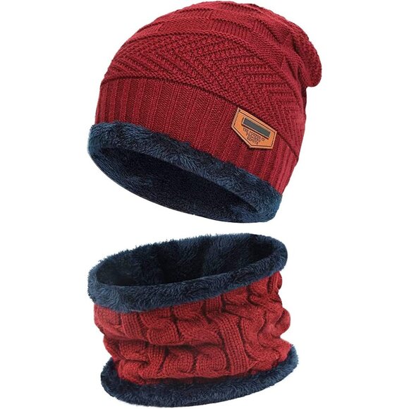 🆕 Kids Red Toddler Winter Warm Knit Beanie Hat Neck Scarf Set Fleece Cap Gift - Picture 1 of 6